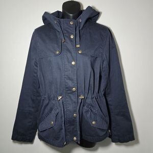 HOLLISTER Divided Womens Size 10 Hooded Jacket Coat Navy Blue Lined Cinch Waist